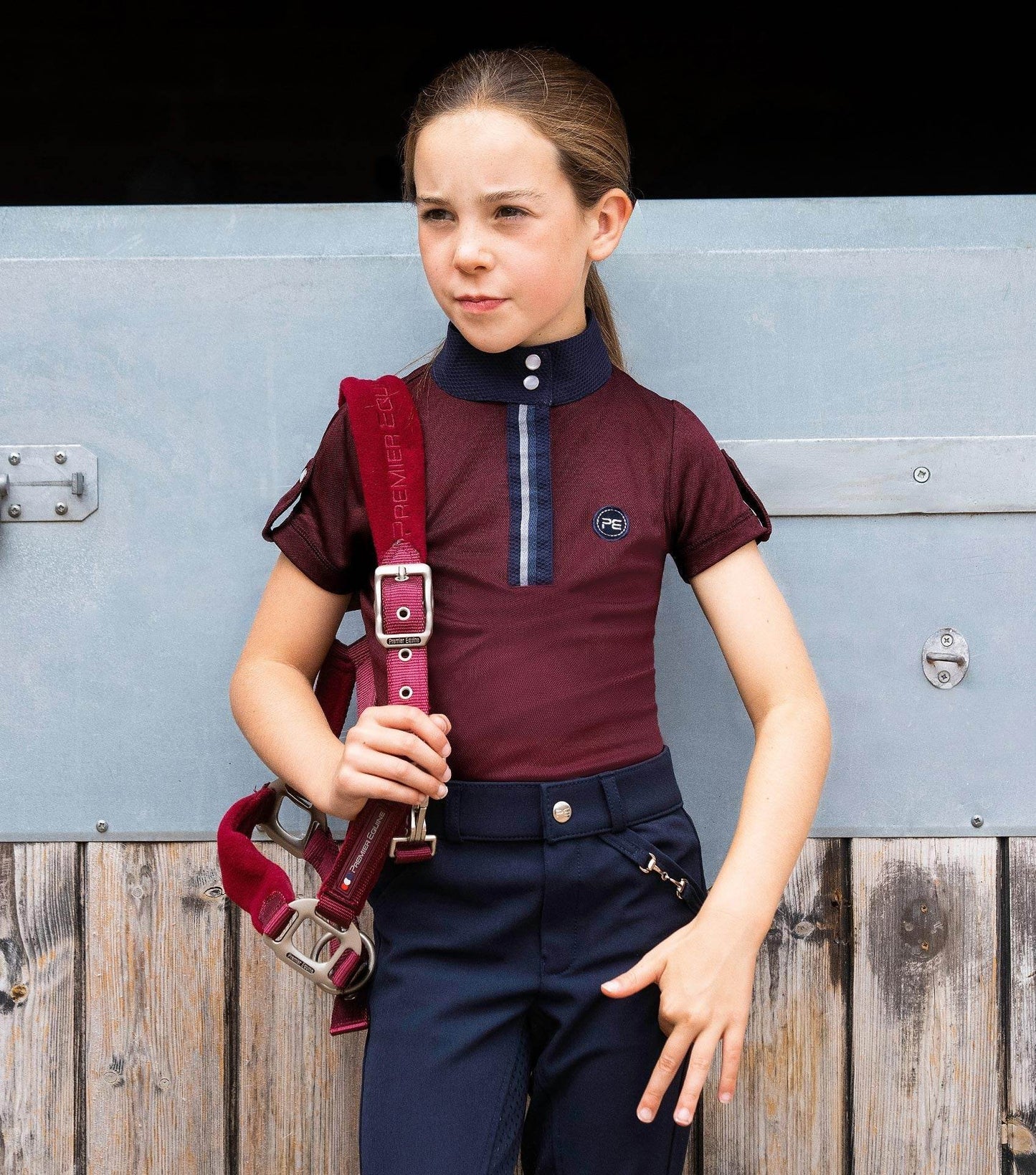 Premier Equine Mini Amia Girl's Technical Short Sleeve Riding Top Wine - N P Equestrian & Pet Supplies Ltd