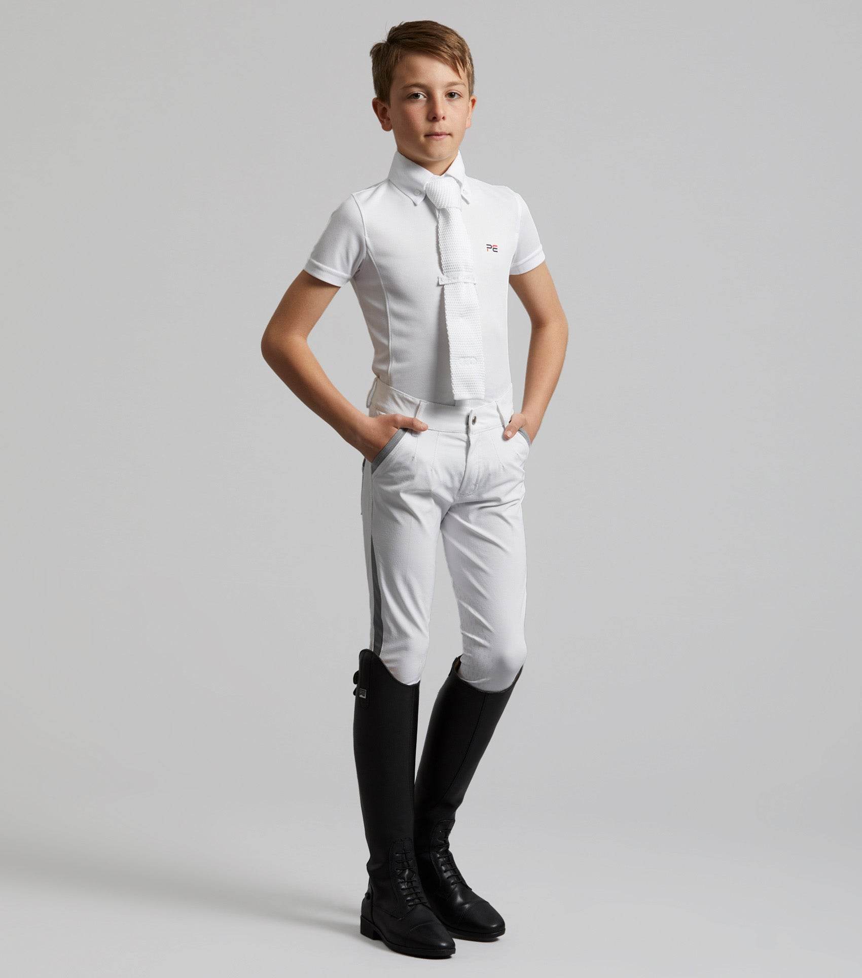 Premier Equine Gando Boys Gel Knee Competition Riding Breeches White - N P Equestrian & Pet Supplies Ltd