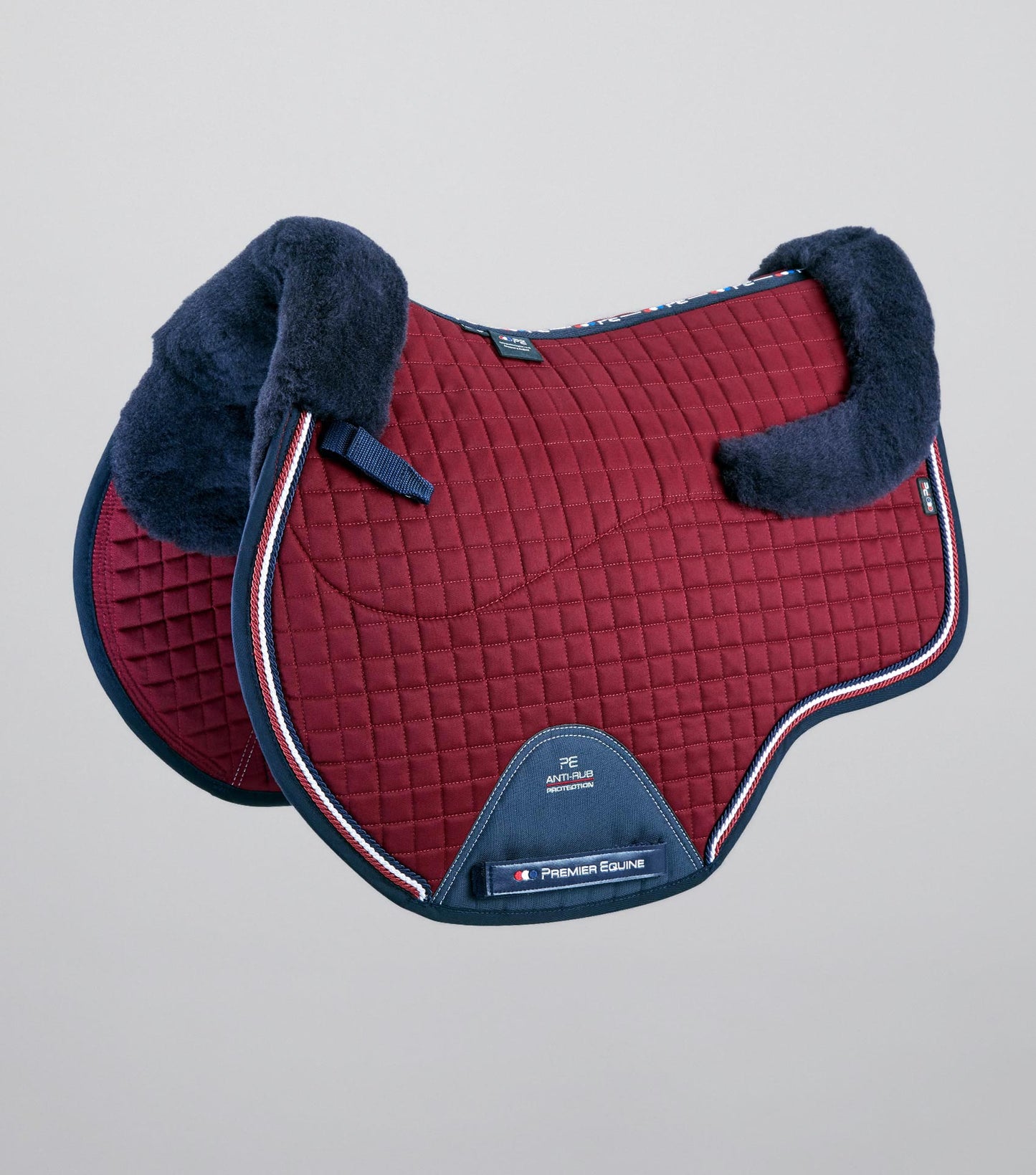 Premier Equine Close Contact Merino Wool European Saddle Pad - GP/Jump Square Burgundy/Navy Wool