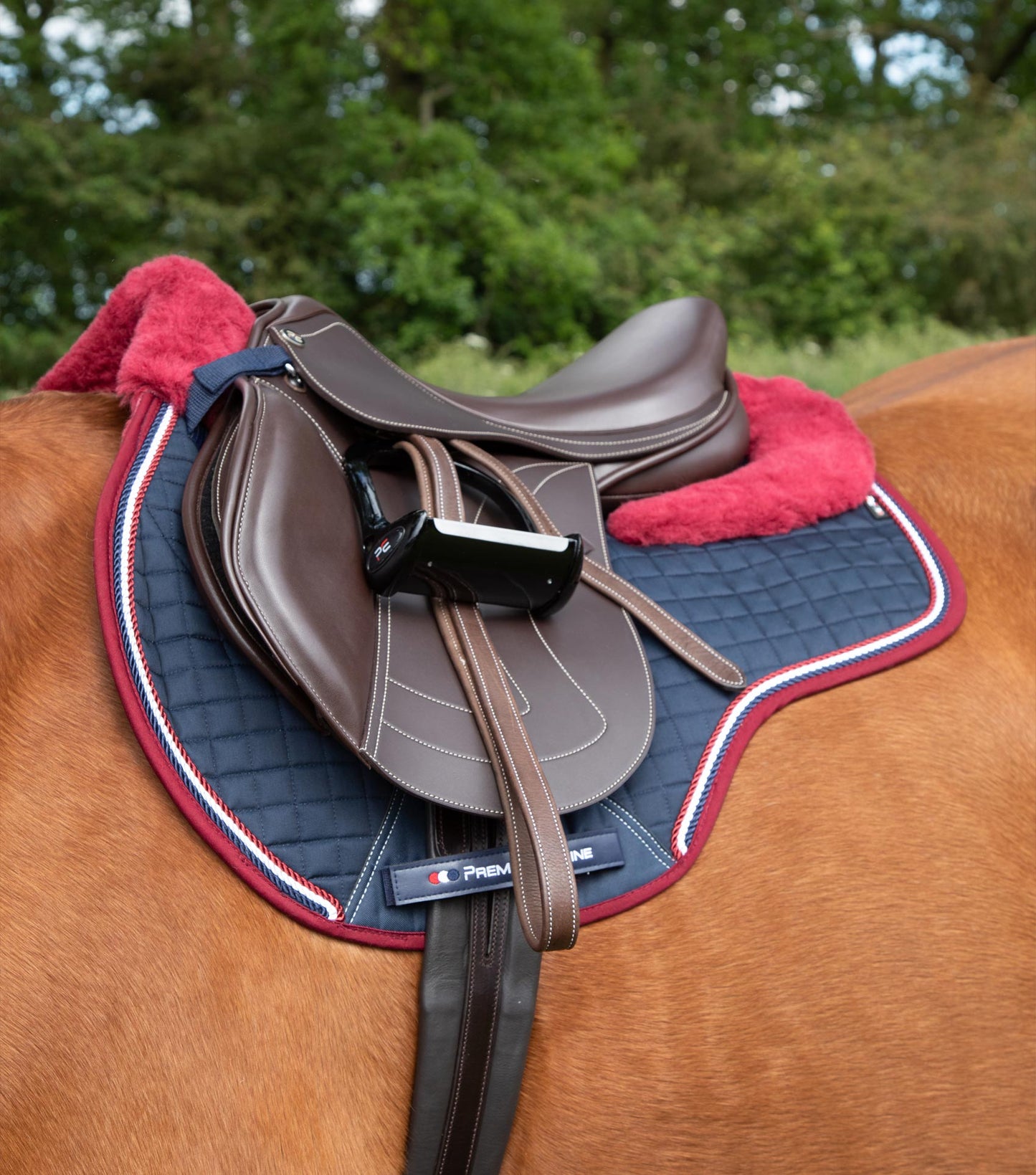 Premier Equine Close Contact Merino Wool European Saddle Pad - GP/Jump Square Navy/Burgundy Wool