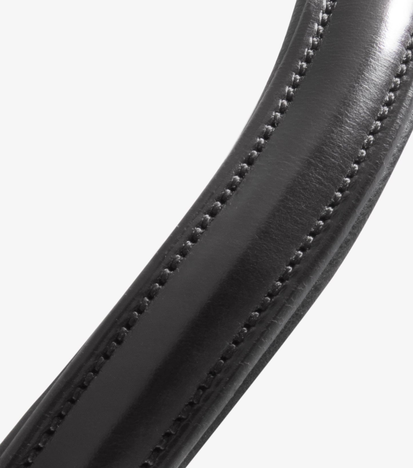Close-up of a black leather browband with visible stitching on a white background