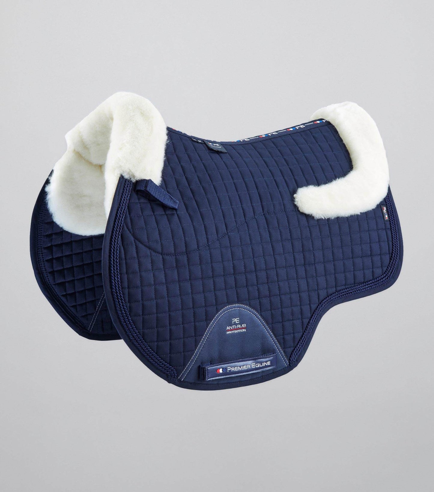 Premier Equine Close Contact Merino Wool European Saddle Pad - GP/Jump Square Navy/Natural Wool