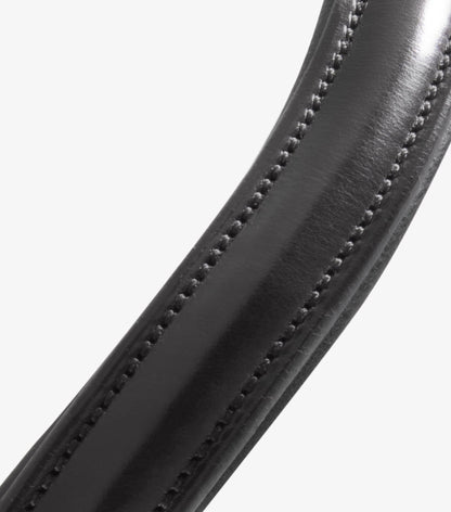 Close-up of a black leather browband with visible stitching on a white background