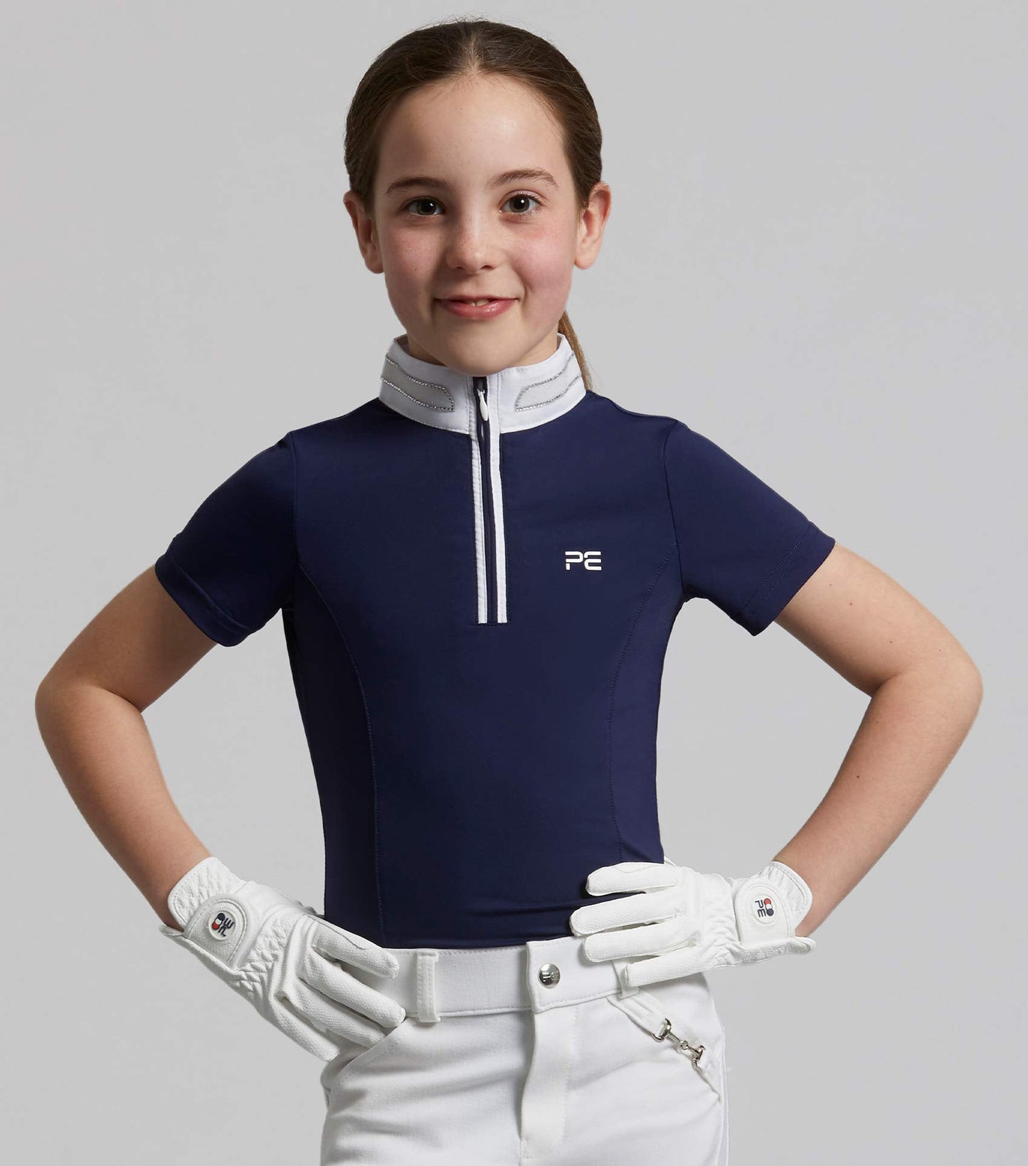 Premier Equine Maria Girls Diamanté Show Shirt Navy